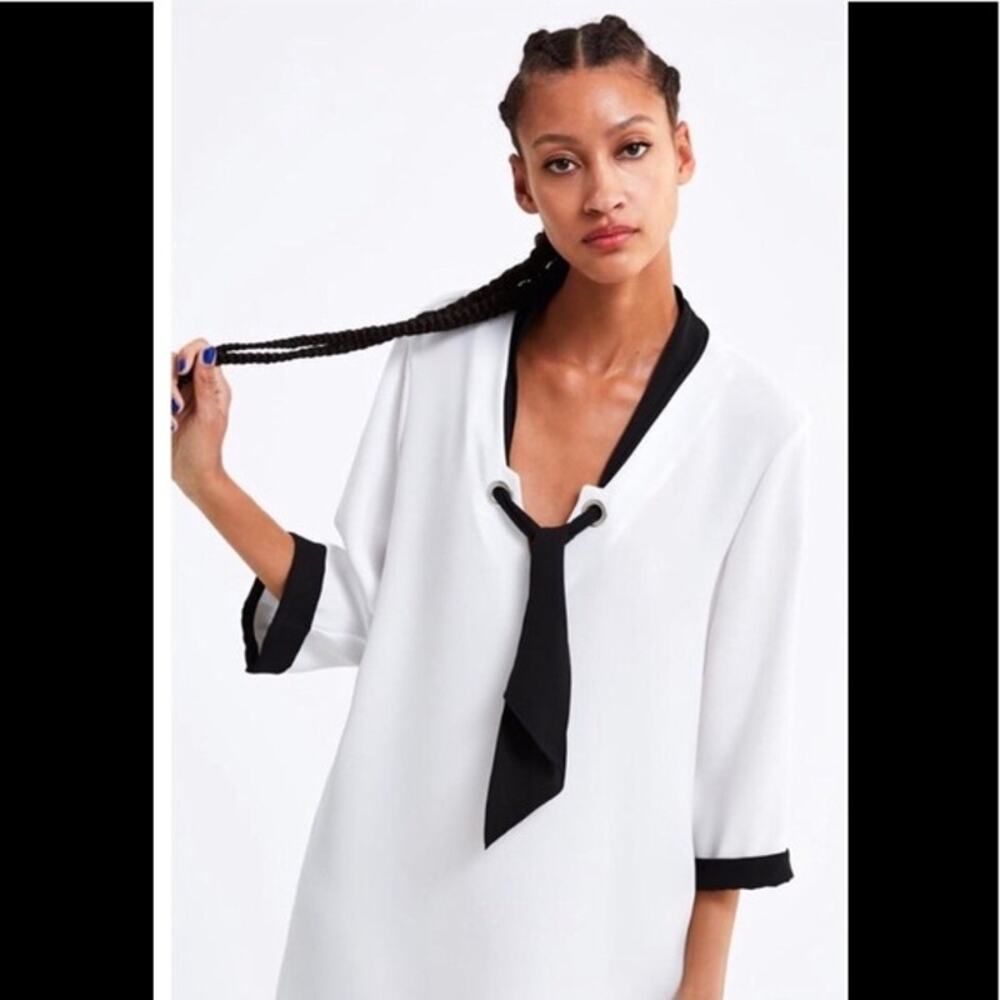 NWT Zara White Tunic Dress with Black Scarf Tie - Picture 4 of 5